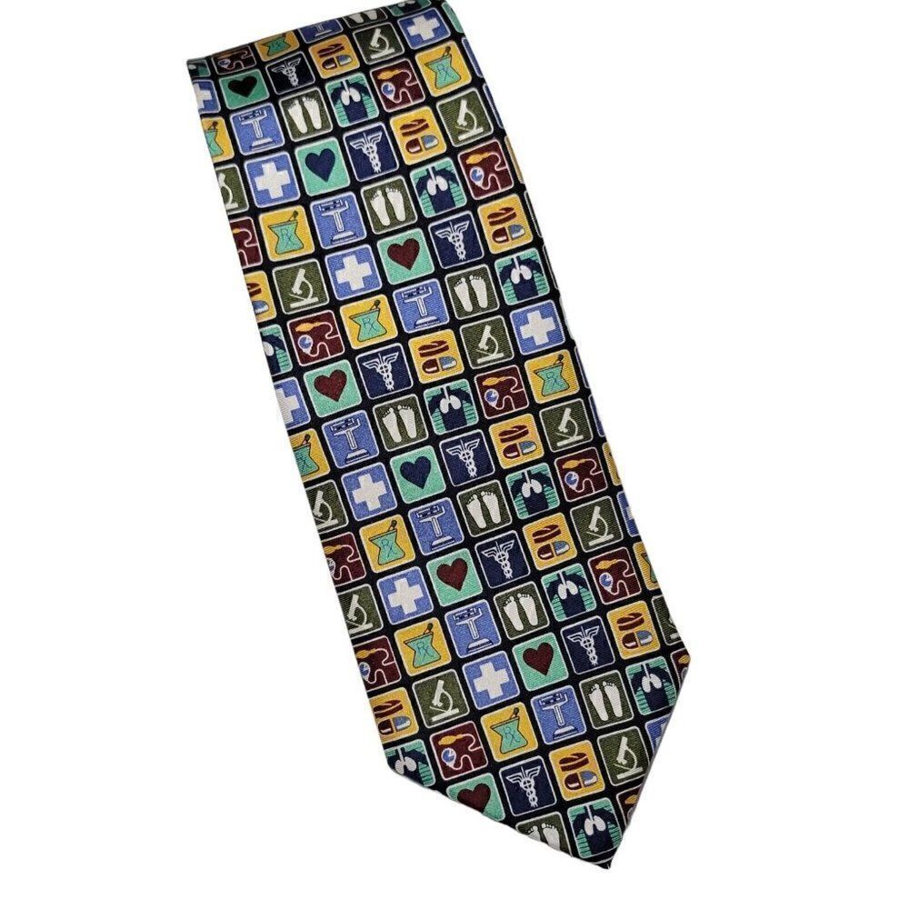 Wild Ties Mens Neck Tie Medical Symbols Instruments 100% Silk Multicolor 60" GUC - Picture 2 of 11